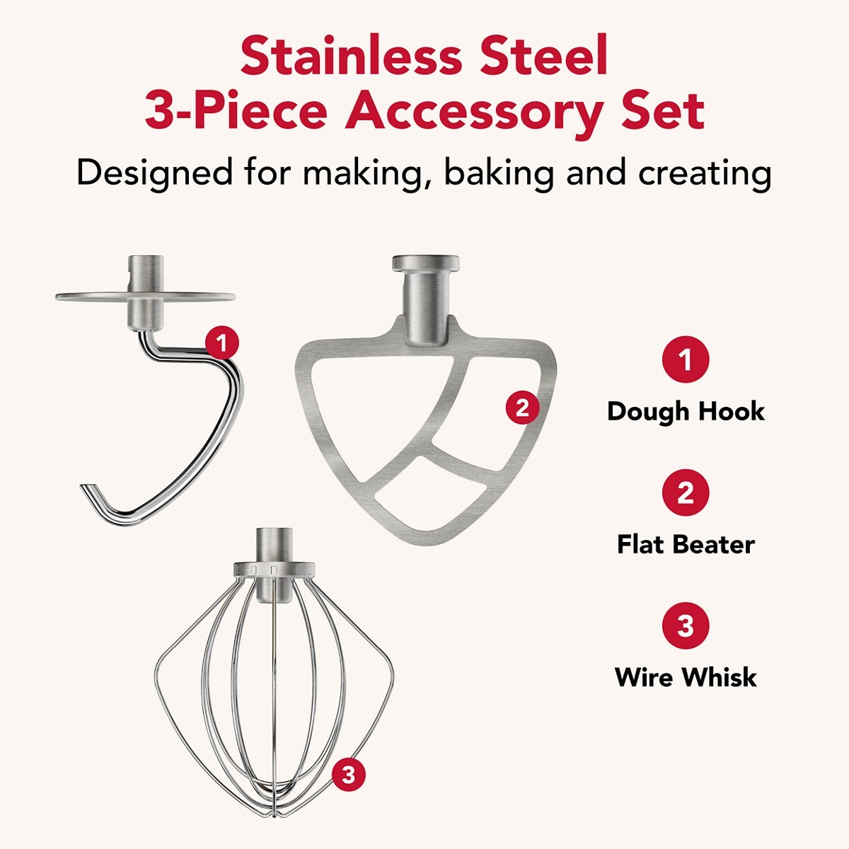 Durable stainless steel 3-piece accessory set with dough hook, flat beater, and wire whip for select KitchenAid® tilt-head stand mixers. - Image 2
