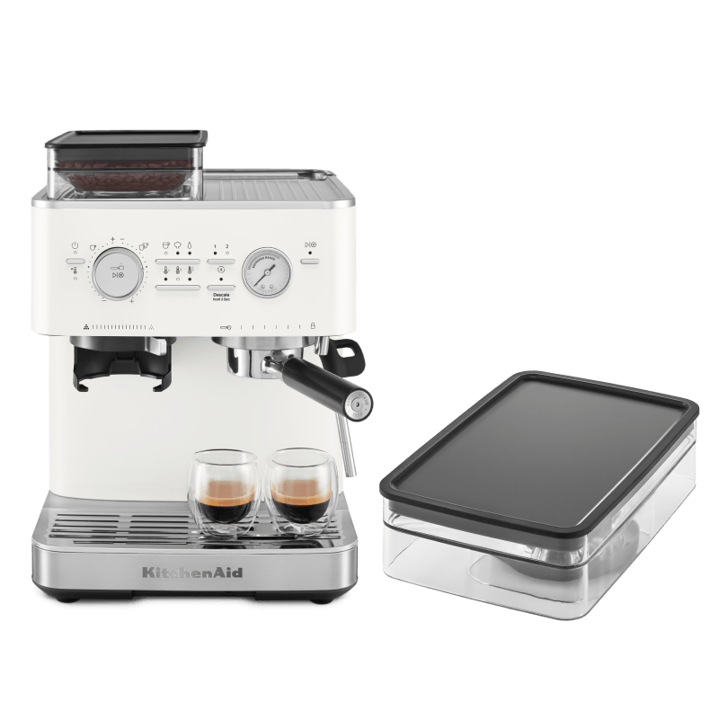 Coffee Set: Semi Auto Espresso + 8 Oz. Removable Bean Hopper - Porcelain White